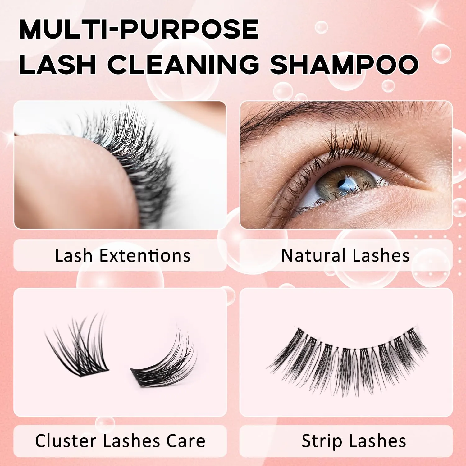 150ml Lash Shampoo for Lash Extensions, Eyelash Extension Cleanser Lash Cleaning Kit for Cluster Lashes with Fan Makeup Pad Cleaning Brush 100 Pcs Lash Brush Wash Bottle, Oil Free Foam