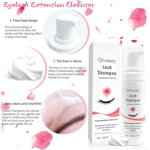 150ml/5.07fl.oz Eyelash Extension Cleanser, Lash Shampoo for Eyelash Extension Eyelash Brush with Cap USB Lash Fan Mascara Brush Wash Bottle Reusable Makeup Remover Pad, Paraben & Sulfate Free