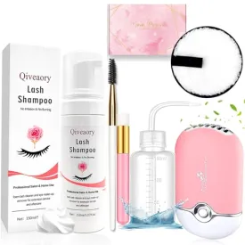 150ml/5.07fl.oz Eyelash Extension Cleanser, Lash Shampoo for Eyelash Extension Eyelash Brush with Cap USB Lash Fan Mascara Brush Wash Bottle Reusable Makeup Remover Pad, Paraben & Sulfate Free