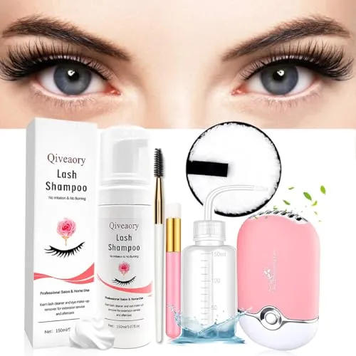 150ml/5.07fl.oz Eyelash Extension Cleanser, Lash Shampoo for Eyelash Extension Eyelash Brush with Cap USB Lash Fan Mascara Brush Wash Bottle Reusable Makeup Remover Pad, Paraben & Sulfate Free