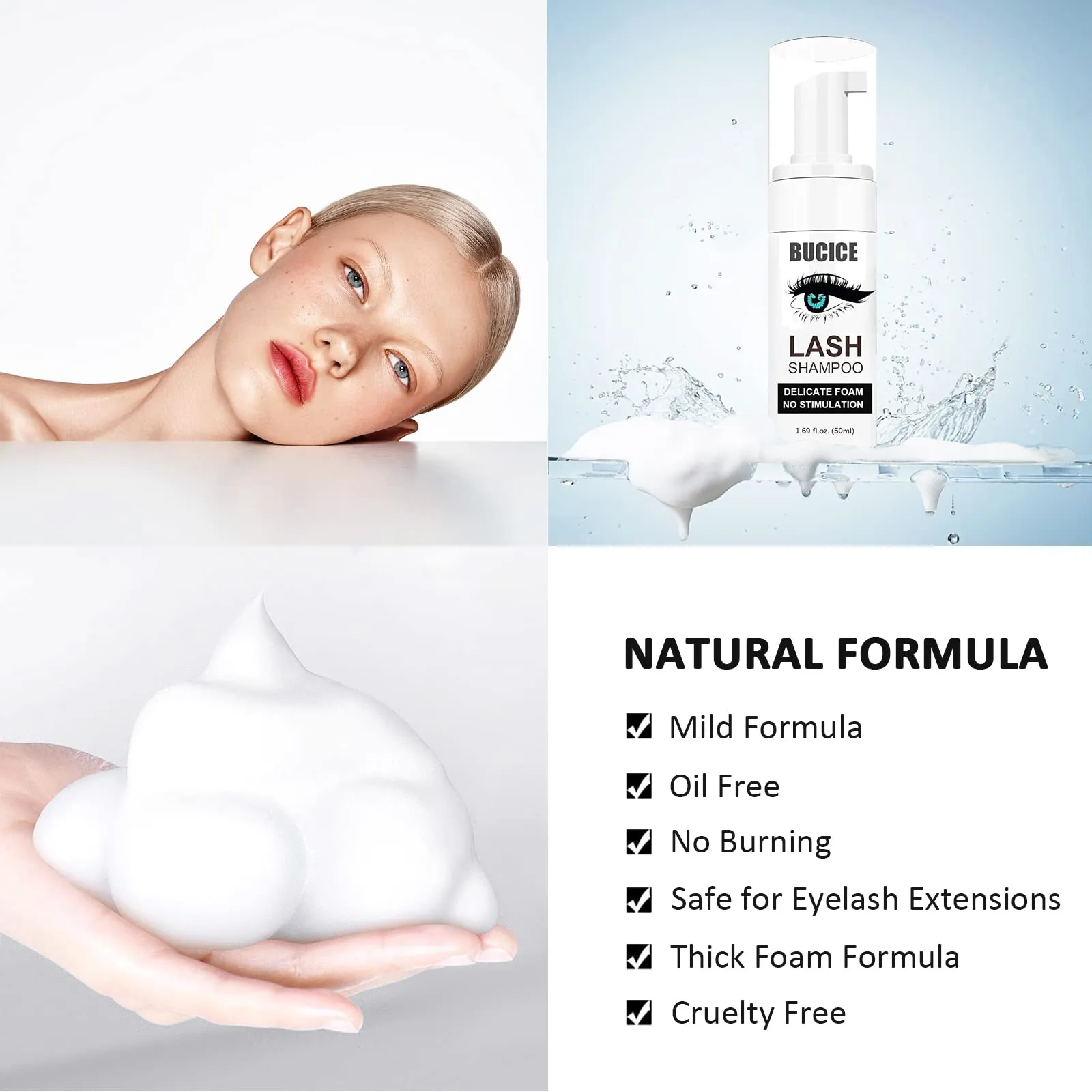 BUCICE Eyelash Extension Cleanser Lash Mousse Lash Shampoo for Extensions & Detachable Eyelash Mirror Stainless Steel Eyelash Makeup Mirror for Professional & Home Use
