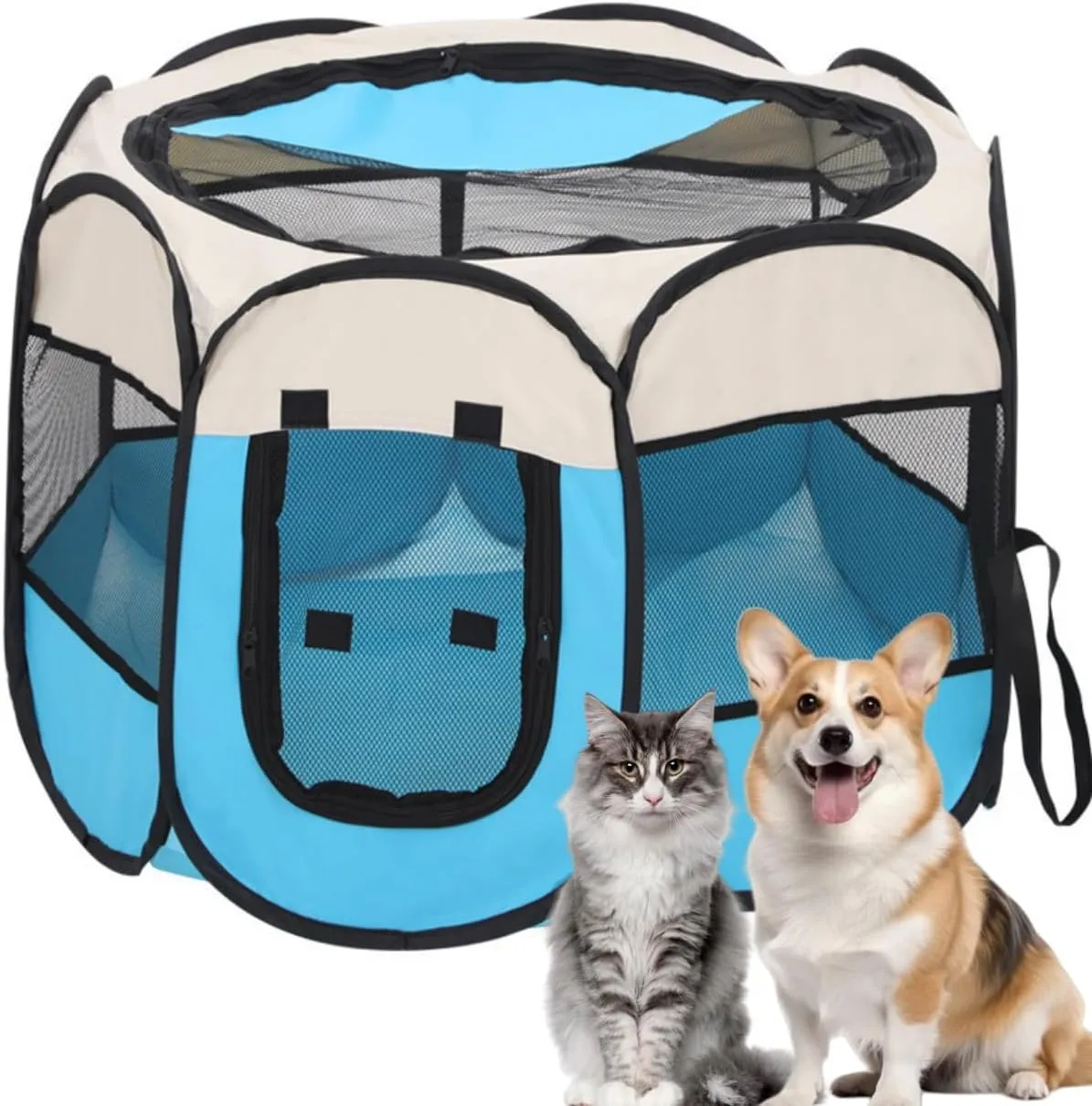 Dog Cat Playpen, Puppy Pet Playpen, Indoor/Outdoor Dog Pen, Portable Foldable Playpen Outdoor Tent Crate Cage with Zipper Top Cover Door, Pop Up Collapsible Kitten Play Pen Tent for Camping RV