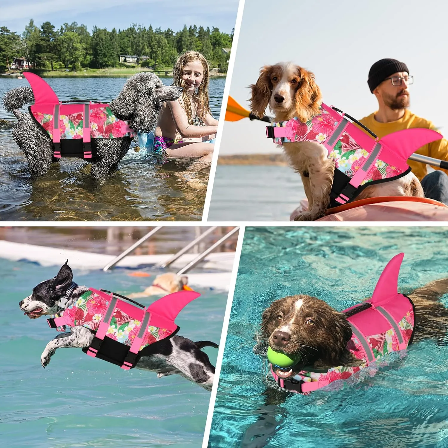 Dogcheer Dog Life Jacket Shark, Hawaiian Style Dog Life Vest for Swimming Boating with Superior Buoyancy and Rescue Handle, Reflective Pet Swim Vest for Small Medium Large Dogs(Flower Pink, M)