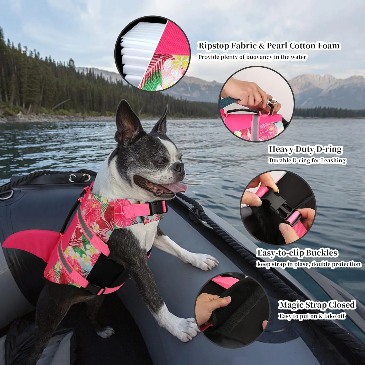 Dogcheer Dog Life Jacket Shark, Hawaiian Style Dog Life Vest for Swimming Boating with Superior Buoyancy and Rescue Handle, Reflective Pet Swim Vest for Small Medium Large Dogs(Flower Pink, M)