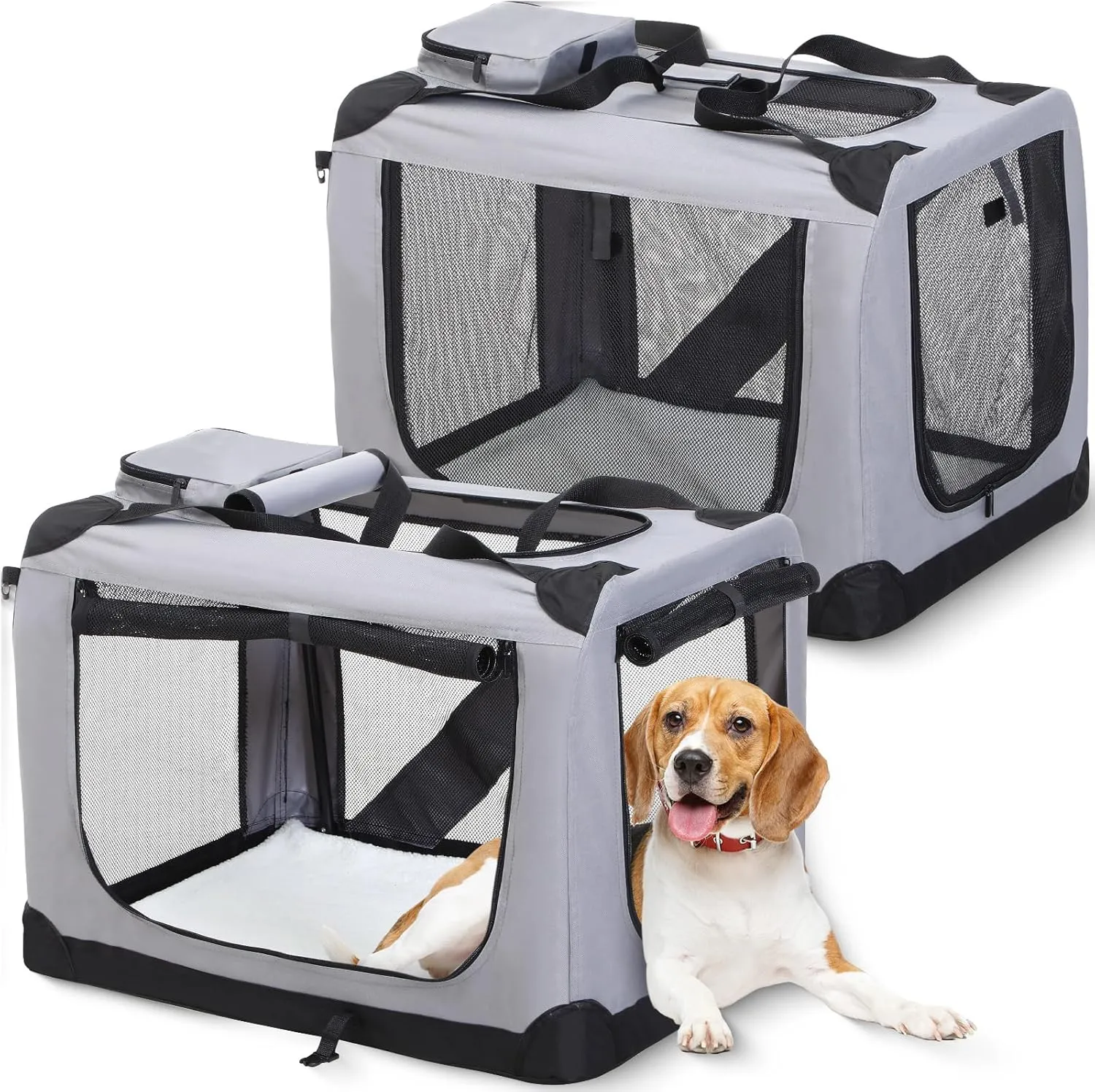 Domensi 2 Pcs 28.4 Inch Collapsible Dog Crate for Medium Dogs 3 Door Folding Soft Dog Kennel with Carrying Bag and Fleece Bed Portable Travel Dog Crate with Durable Mesh Windows Indoor and Outdoor Use