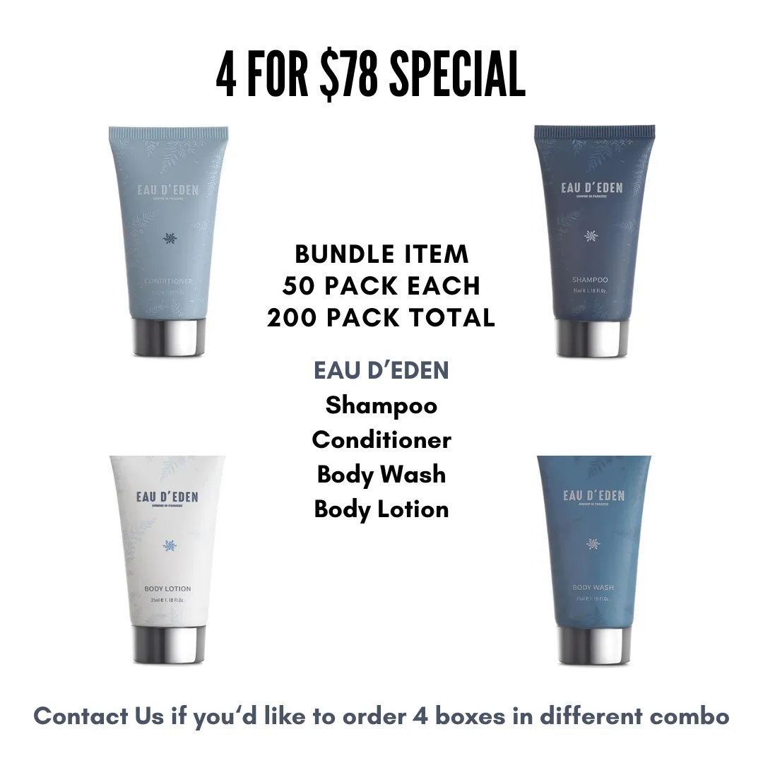 EAU D'EDEN 200-Pack Hotel Toiletries Bundle (4 for $78, 50 Piece Each) - Mini Shampoo, Conditioner, Body Wash, Body Lotion