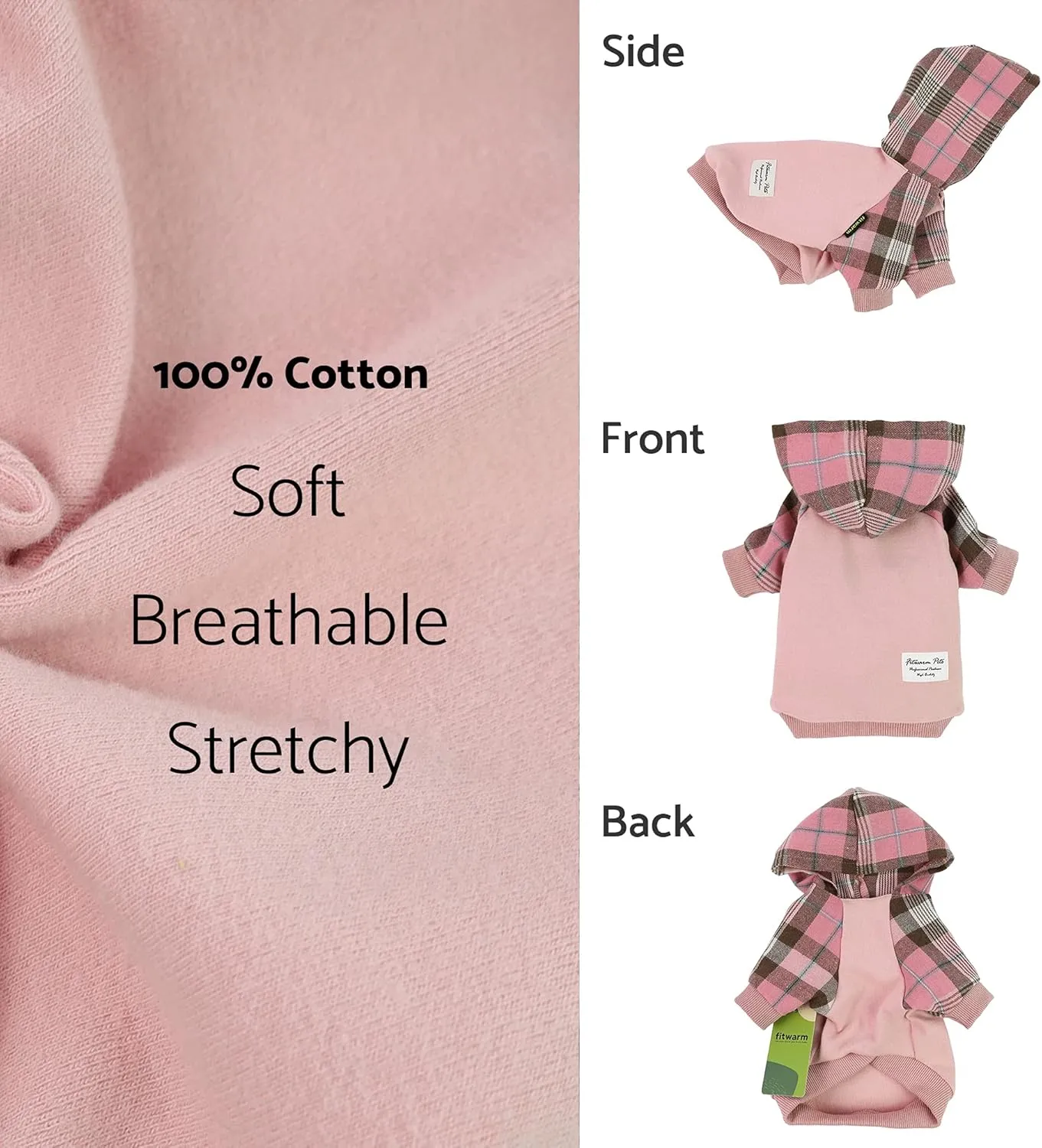 Fitwarm 100% Cotton Girl Plaid Dog Clothes Lightweight Puppy Hoodie Pet Sweatshirt Doggie Hooded Outfits Cat Apparel Pink X-Large