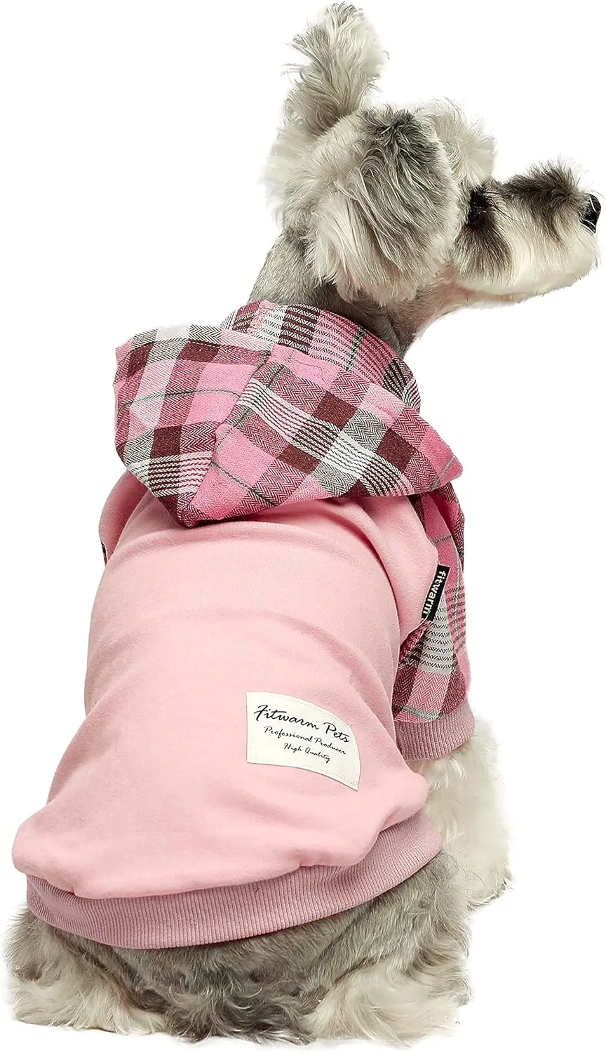 Fitwarm 100% Cotton Girl Plaid Dog Clothes Lightweight Puppy Hoodie Pet Sweatshirt Doggie Hooded Outfits Cat Apparel Pink X-Large