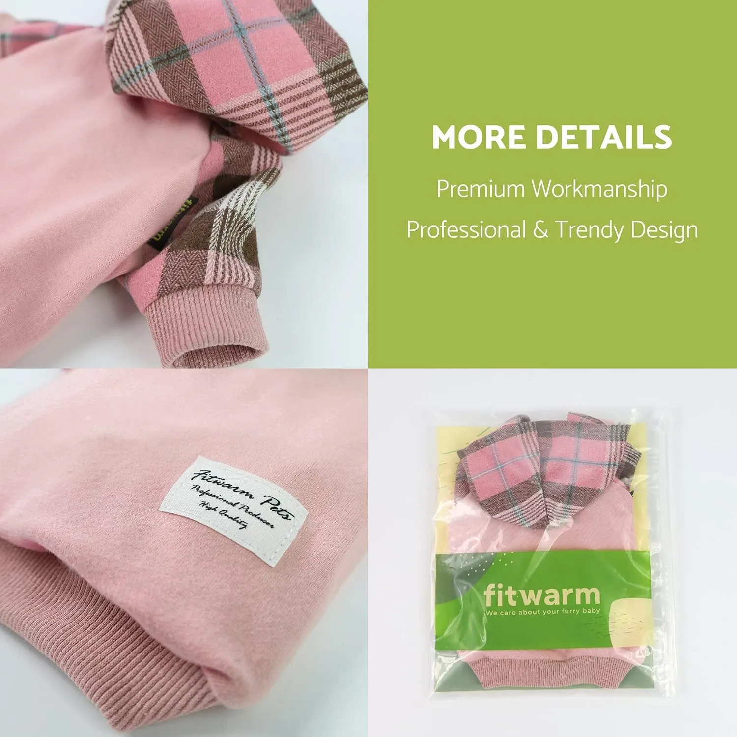 Fitwarm 100% Cotton Girl Plaid Dog Clothes Lightweight Puppy Hoodie Pet Sweatshirt Doggie Hooded Outfits Cat Apparel Pink X-Large