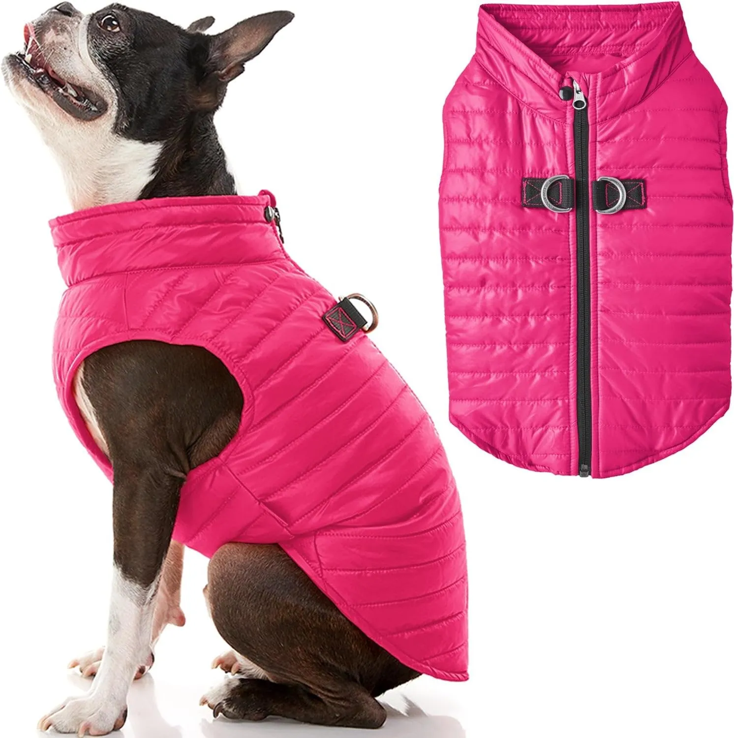 Gooby Puffer Vest Dog Jacket - Pink, Large - Ultra Thin Zip Up Wind Breaker with Dual D Ring Leash - Water Resistant Small Dog Sweater Coat - Dog Clothes for Small Dogs Boy or Medium Dogs,Classic