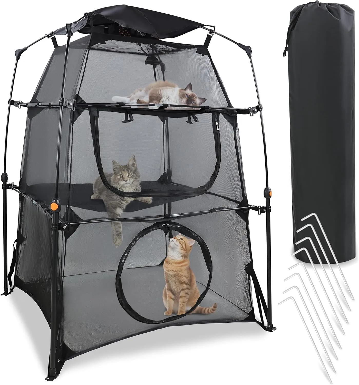 MiMu Outdoor Cat Tent - 3 Tier Pop Up Travel Playpen for Kittens and Small Pets - Portable Multi-Level Enclosed Mesh Pet Pen with Ground Stakes and Carrying Case