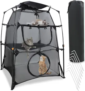 MiMu Outdoor Cat Tent - 3 Tier Pop Up Travel Playpen for Kittens and Small Pets - Portable Multi-Level Enclosed Mesh Pet Pen with Ground Stakes and Carrying Case