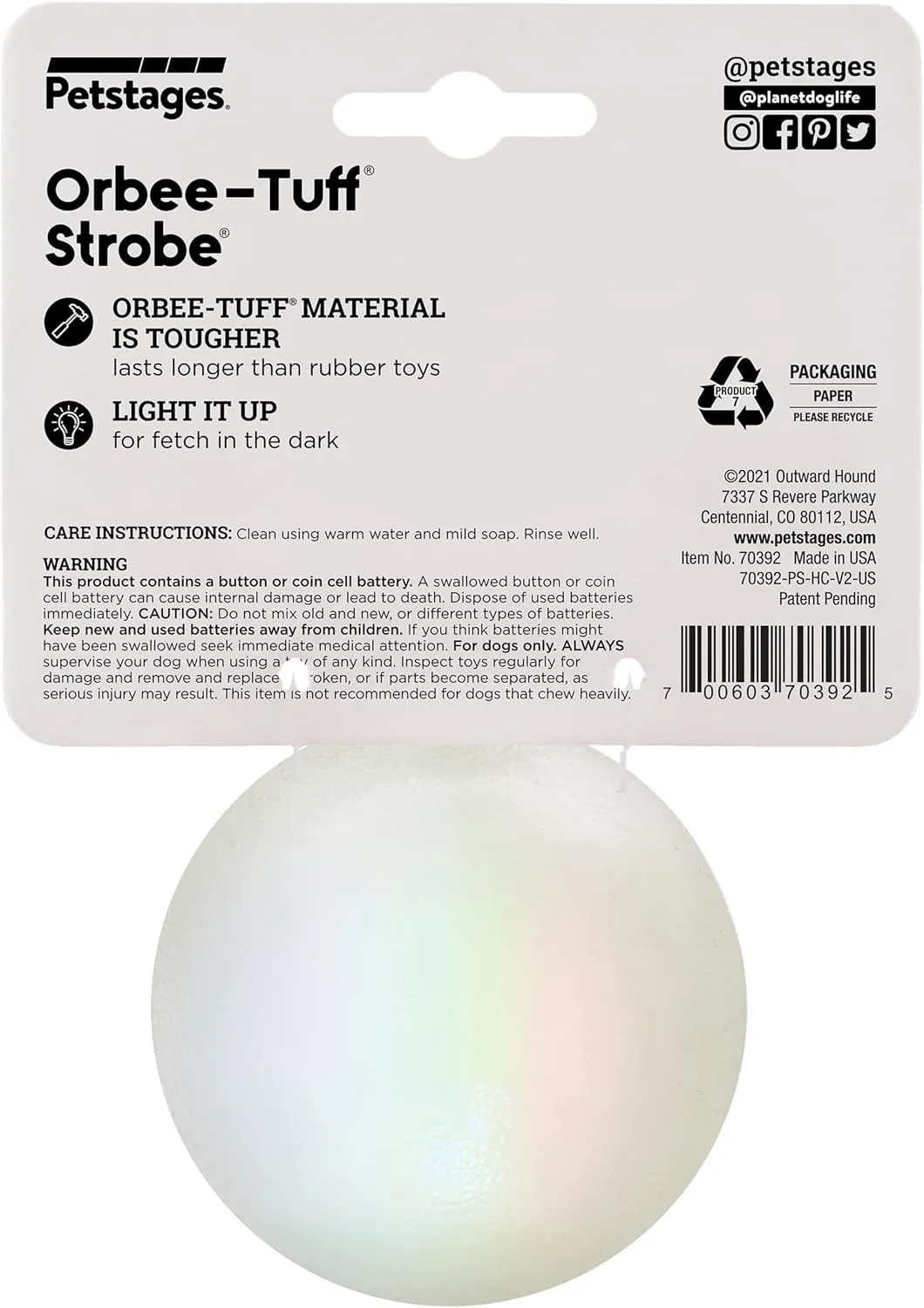 Outward Hound by Planet Dog Strobe Ball Glo Light Up LED Ball Dog Toy