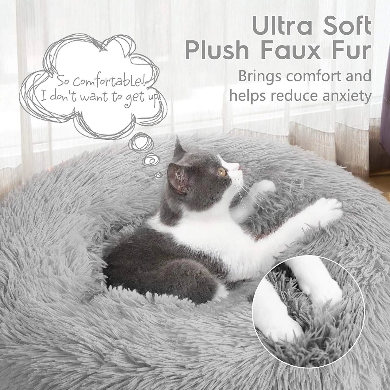 rabbitgoo Cat Bed for Indoor Cats, 20 x 20 inches Fluffy Round Self Warming Calming Soft Plush Donut Cuddler Cushion Pet Bed for Small Dogs Kittens, Machine Washable, Non-Slip, Light Grey, Medium