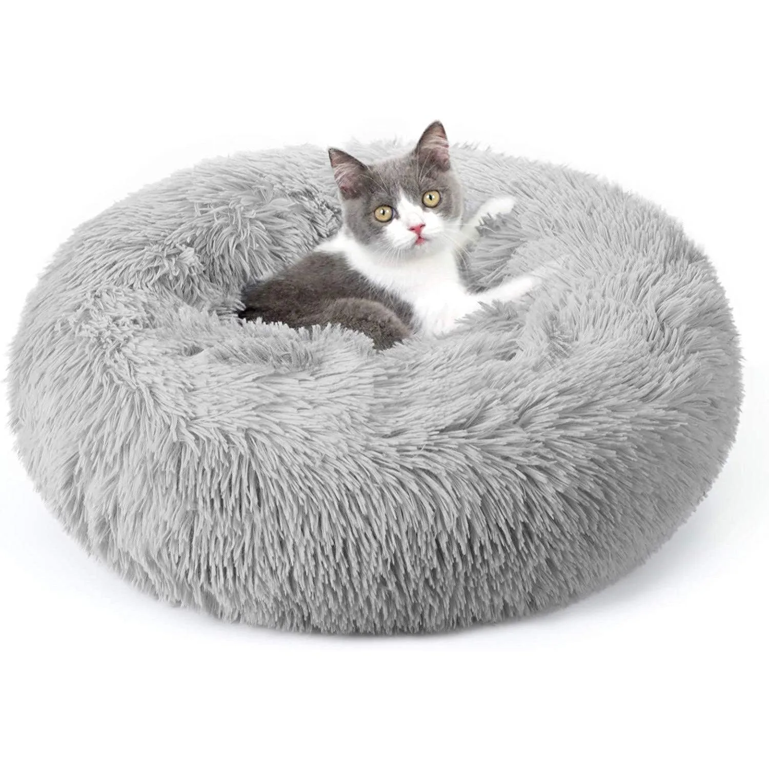 rabbitgoo Cat Bed for Indoor Cats, 20 x 20 inches Fluffy Round Self Warming Calming Soft Plush Donut Cuddler Cushion Pet Bed for Small Dogs Kittens, Machine Washable, Non-Slip, Light Grey, Medium