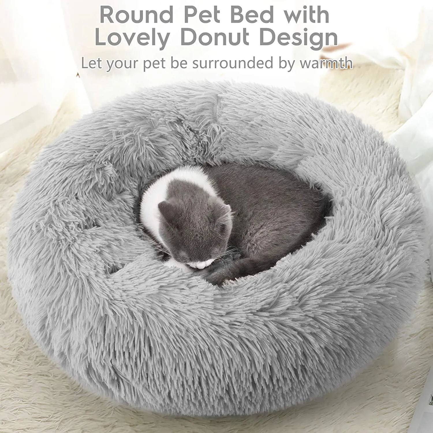 rabbitgoo Cat Bed for Indoor Cats, 20 x 20 inches Fluffy Round Self Warming Calming Soft Plush Donut Cuddler Cushion Pet Bed for Small Dogs Kittens, Machine Washable, Non-Slip, Light Grey, Medium
