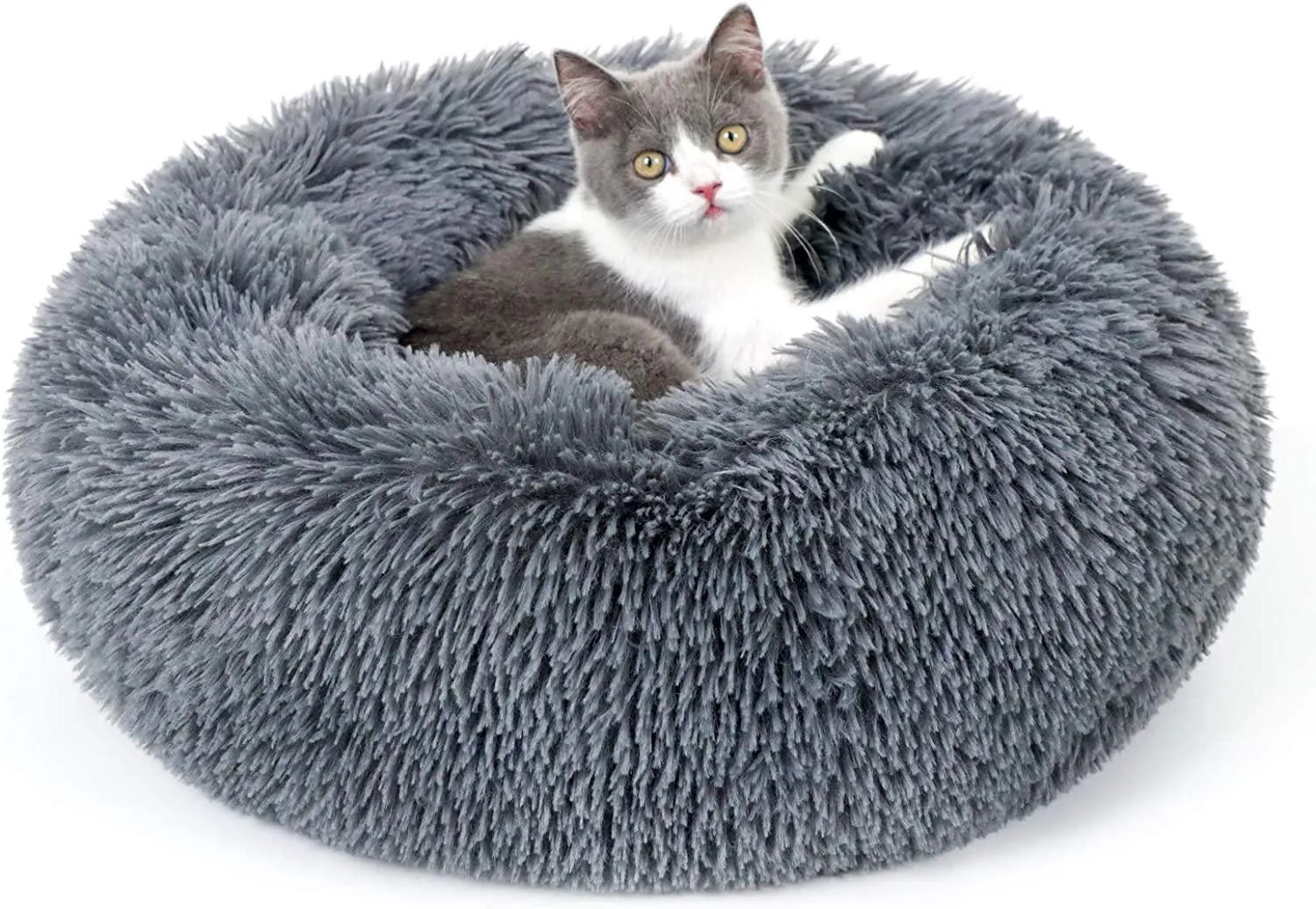 rabbitgoo Cat Bed for Indoor Cats, 20 x 20 inches Fluffy Round Self Warming Calming Soft Plush Donut Cuddler Cushion Pet Bed for Small Dogs Kittens, Machine Washable, Non-Slip, Light Grey, Medium