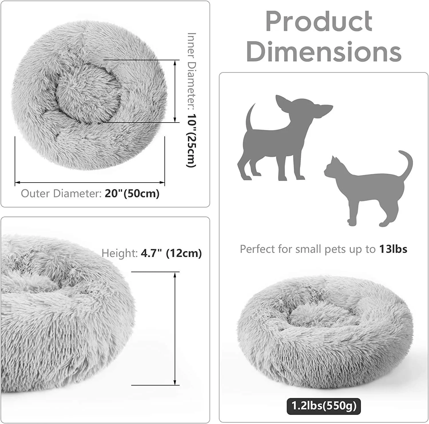 rabbitgoo Cat Bed for Indoor Cats, 20 x 20 inches Fluffy Round Self Warming Calming Soft Plush Donut Cuddler Cushion Pet Bed for Small Dogs Kittens, Machine Washable, Non-Slip, Light Grey, Medium