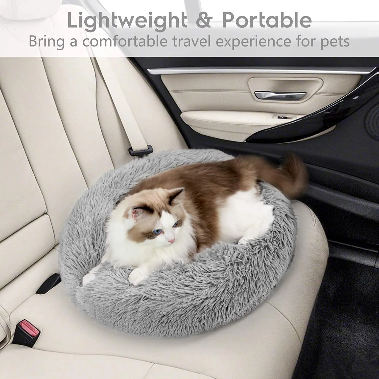 rabbitgoo Cat Bed for Indoor Cats, 20 x 20 inches Fluffy Round Self Warming Calming Soft Plush Donut Cuddler Cushion Pet Bed for Small Dogs Kittens, Machine Washable, Non-Slip, Light Grey, Medium