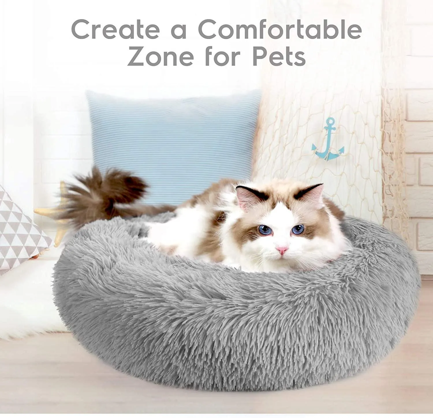 rabbitgoo Cat Bed for Indoor Cats, 20 x 20 inches Fluffy Round Self Warming Calming Soft Plush Donut Cuddler Cushion Pet Bed for Small Dogs Kittens, Machine Washable, Non-Slip, Light Grey, Medium