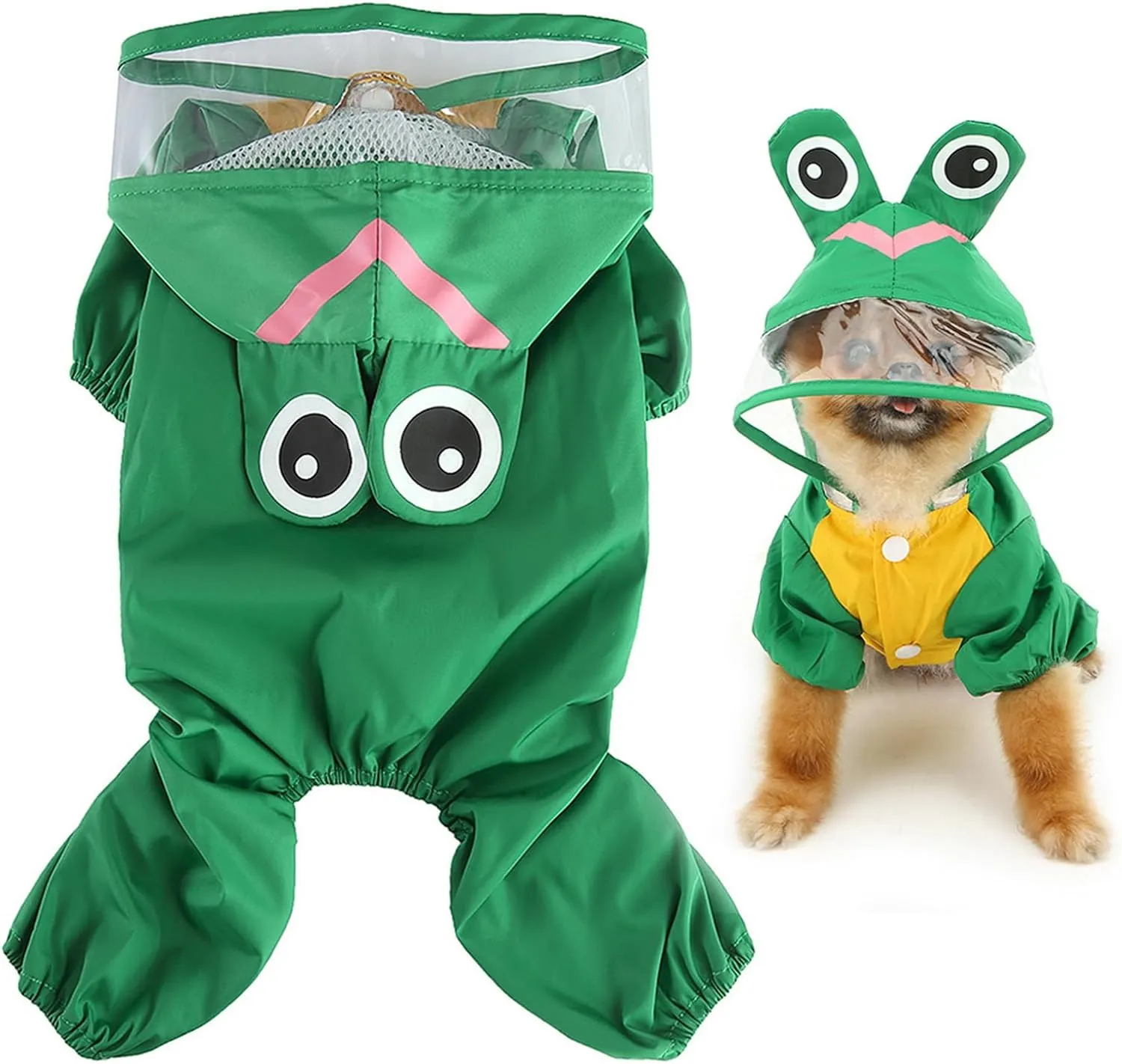 SMALLLEE_LUCKY_STORE Cute Frog Raincoat for Small Dogs with Clear Hoood Leash D-Ring Puppy Botton Down Rain Jacket Full Boby 4 Leg Jumpsuit Lightweight Waterproof Clothes,Green M