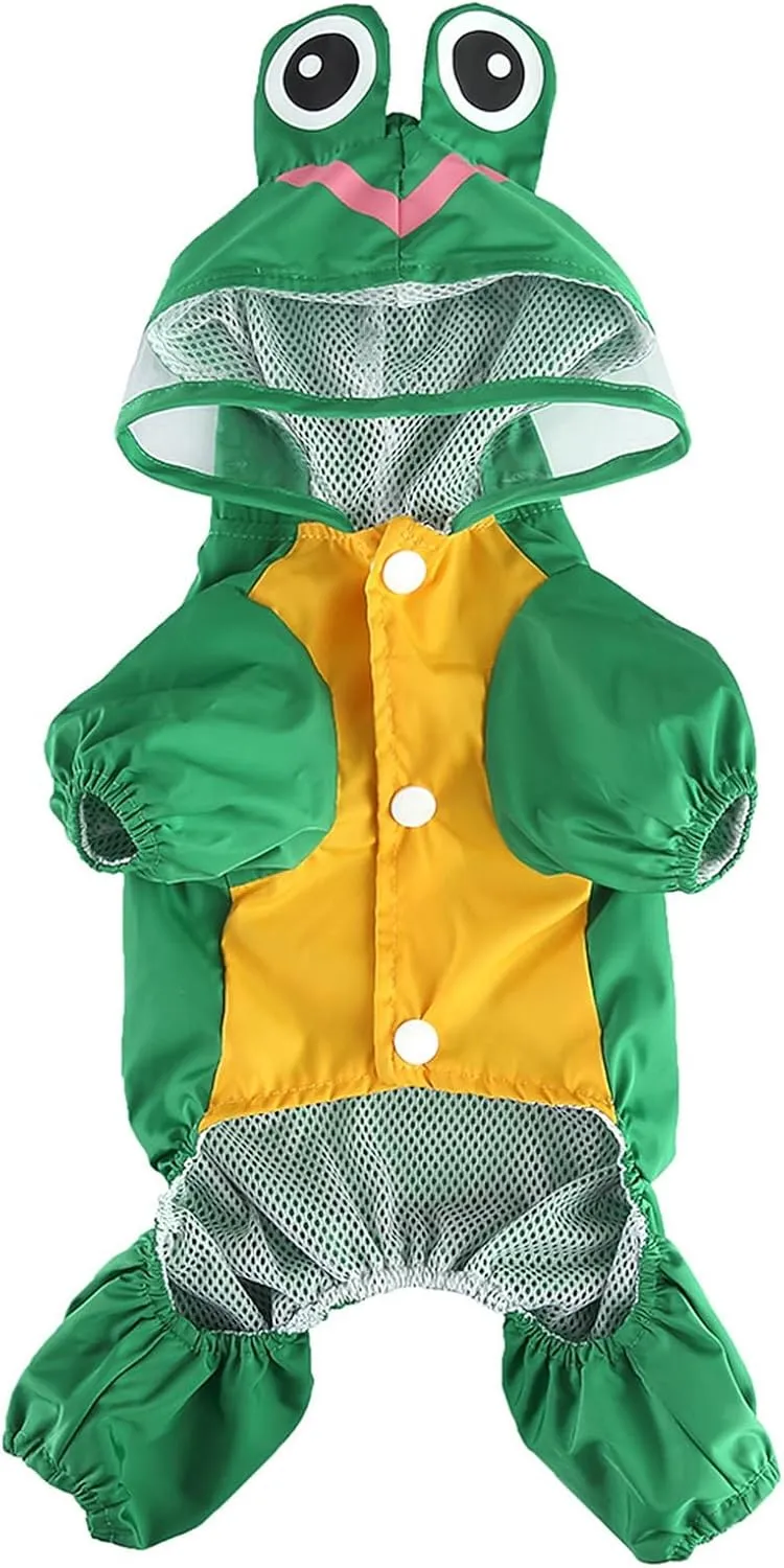 SMALLLEE_LUCKY_STORE Cute Frog Raincoat for Small Dogs with Clear Hoood Leash D-Ring Puppy Botton Down Rain Jacket Full Boby 4 Leg Jumpsuit Lightweight Waterproof Clothes,Green M