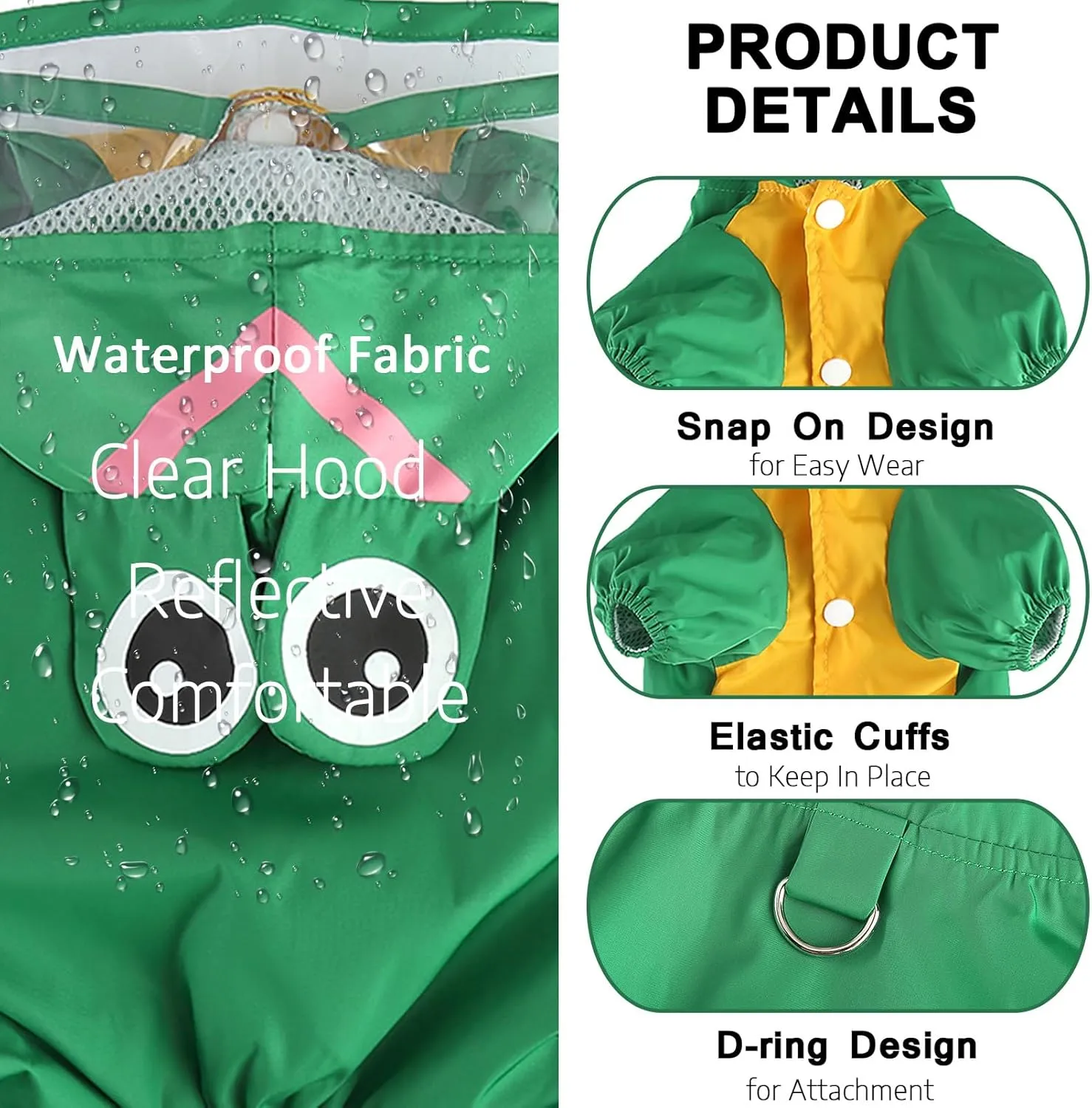 SMALLLEE_LUCKY_STORE Cute Frog Raincoat for Small Dogs with Clear Hoood Leash D-Ring Puppy Botton Down Rain Jacket Full Boby 4 Leg Jumpsuit Lightweight Waterproof Clothes,Green M