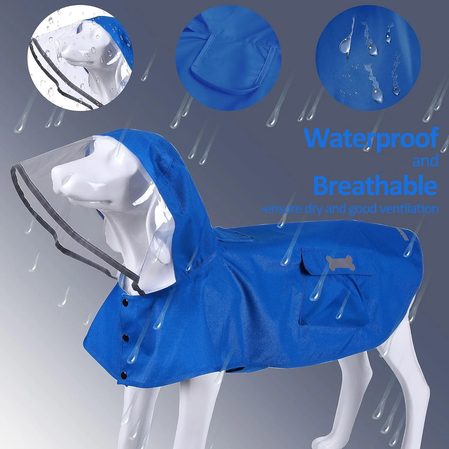 Waterproof Dog Raincoat, Adjustable Reflective Lightweight Pet Rain Clothes with Poncho Hood (Medium, Blue)