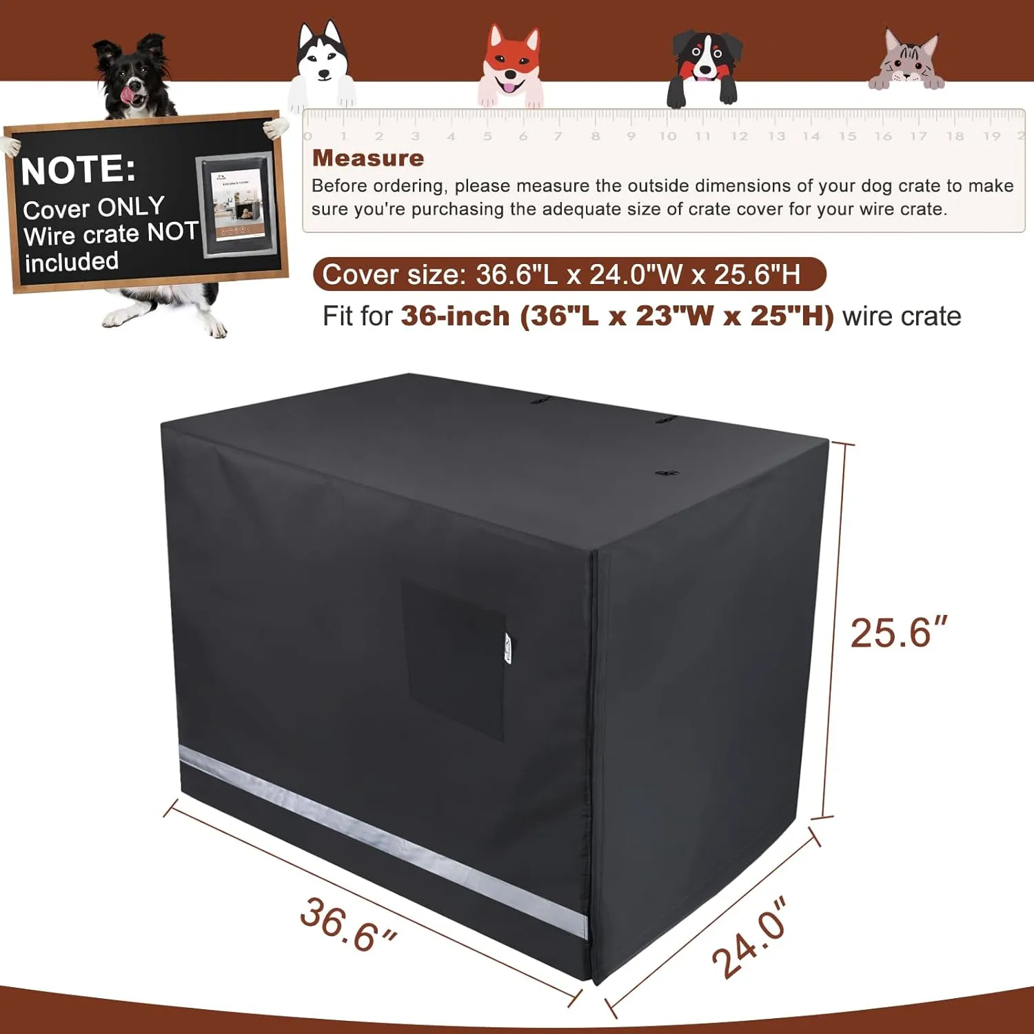 Yotache 36" Double Door Dog Crate Cover - 600D Waterproof Polyester Privacy Kennel Cover with Anti-Slip Straps | Machine-Washable Pet Cage Accessories for Indoor/Outdoor (Black, Crate Not Included)