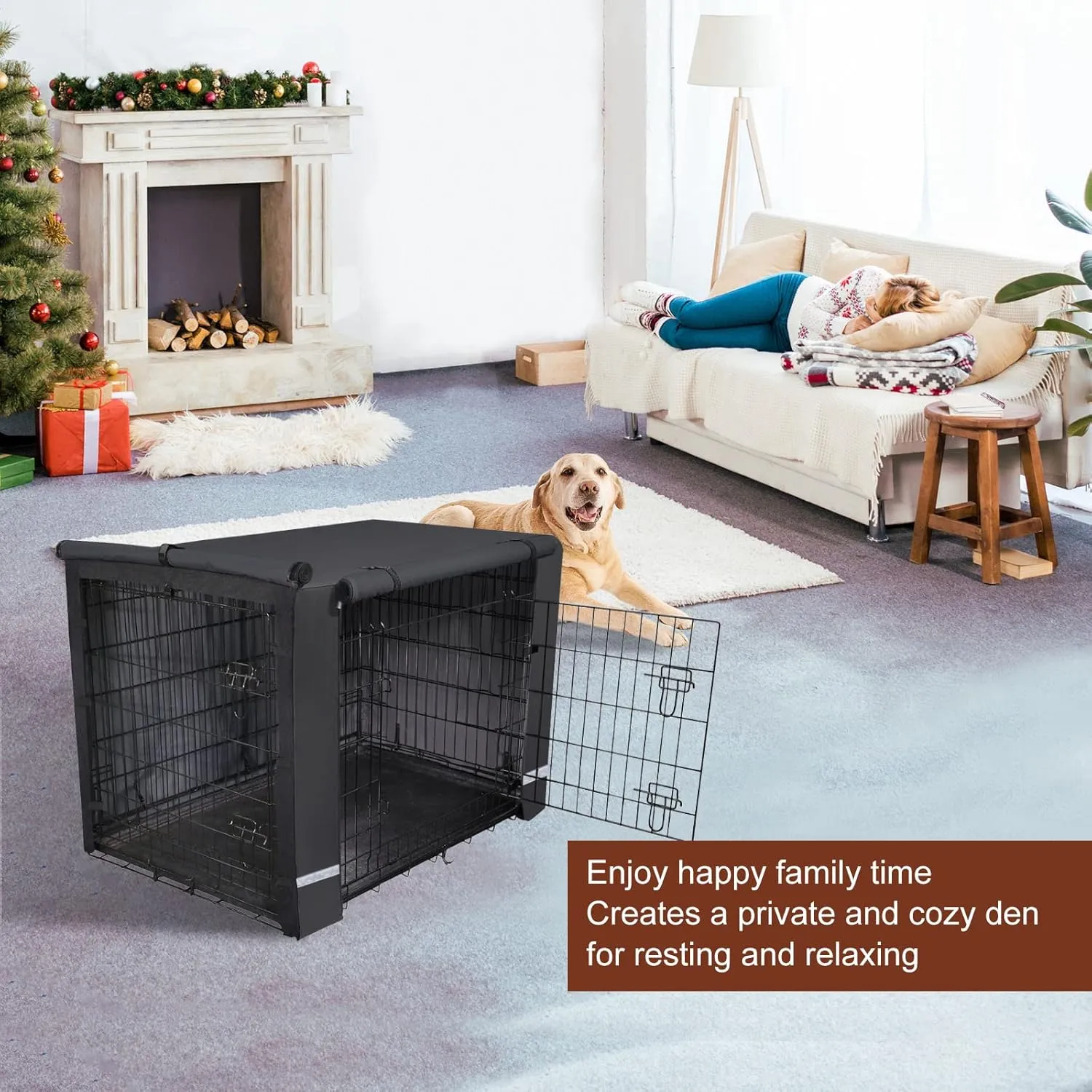 Yotache 36" Double Door Dog Crate Cover - 600D Waterproof Polyester Privacy Kennel Cover with Anti-Slip Straps | Machine-Washable Pet Cage Accessories for Indoor/Outdoor (Black, Crate Not Included)